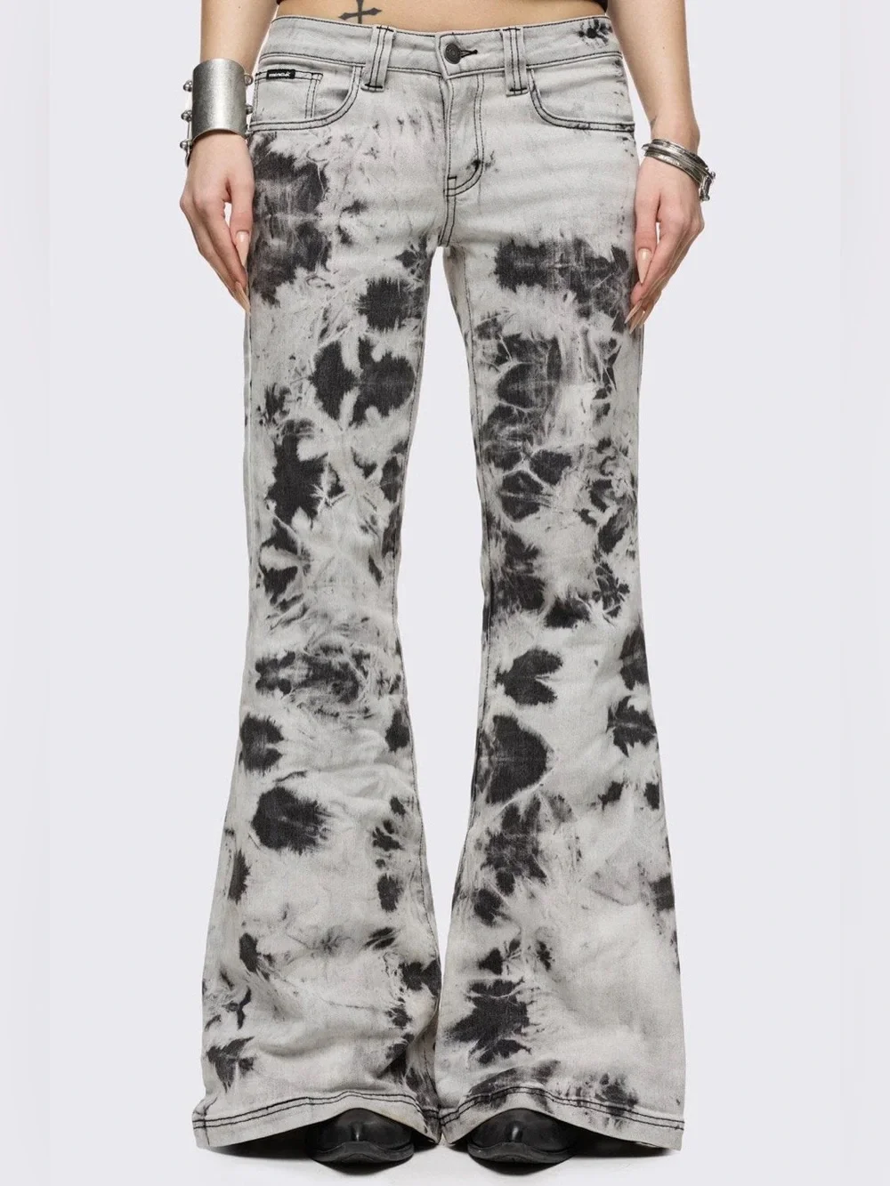 NWT Minga London Bleached Tie-Dye Flared Low Rise Bianca Jeans Grey Size 24
